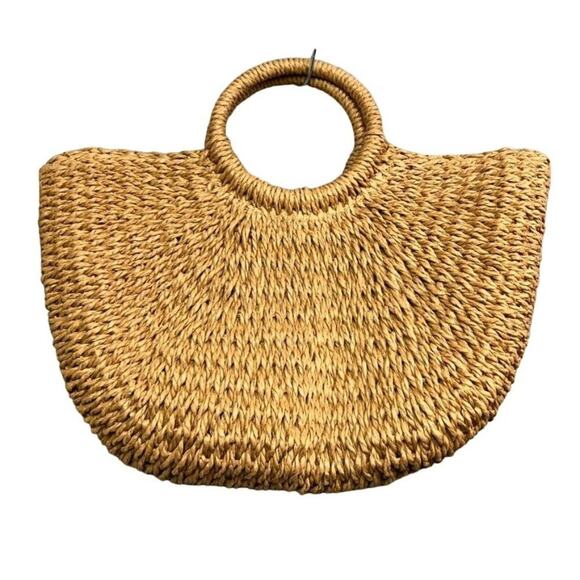 Crossi Woven Boho Paper Straw Half Moon Round Circle Handle Large Bag - Picture 2 of 7